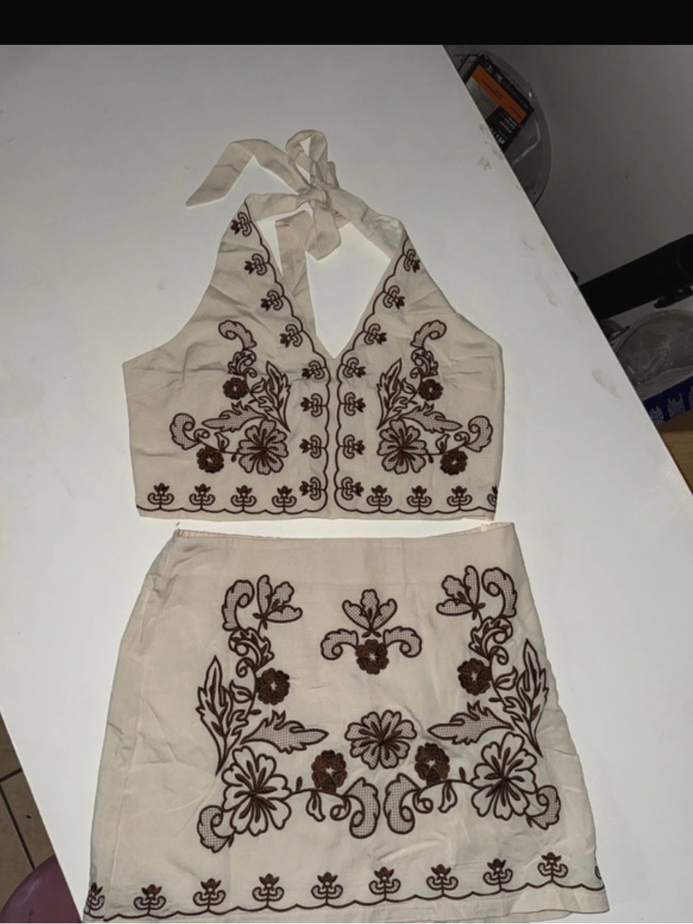 & Other Stories Cream Two-Piece Embroidered Halter Top and Skirt Set